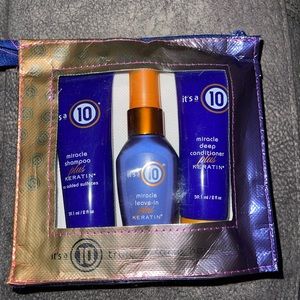 It’s a 10 travel size shampoo, conditioner and leave in spray